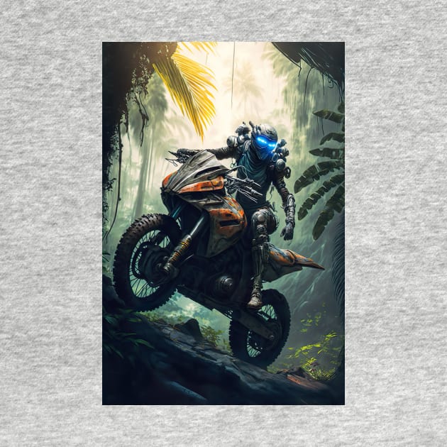 Alien riding a dirt bike in the jungle by KoolArtDistrict